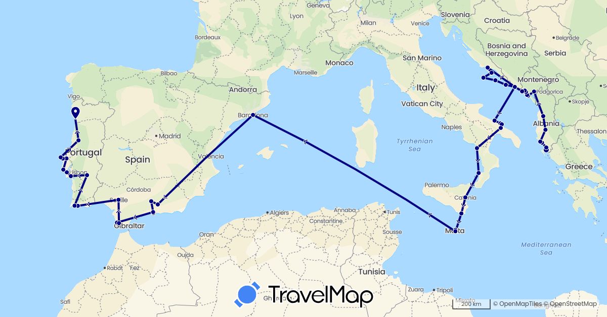 TravelMap itinerary: driving in Albania, Spain, Croatia, Italy, Montenegro, Malta, Portugal (Europe)